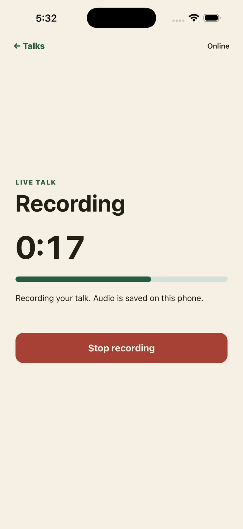 FirstStage recording a talk, with a timer and stop recording button